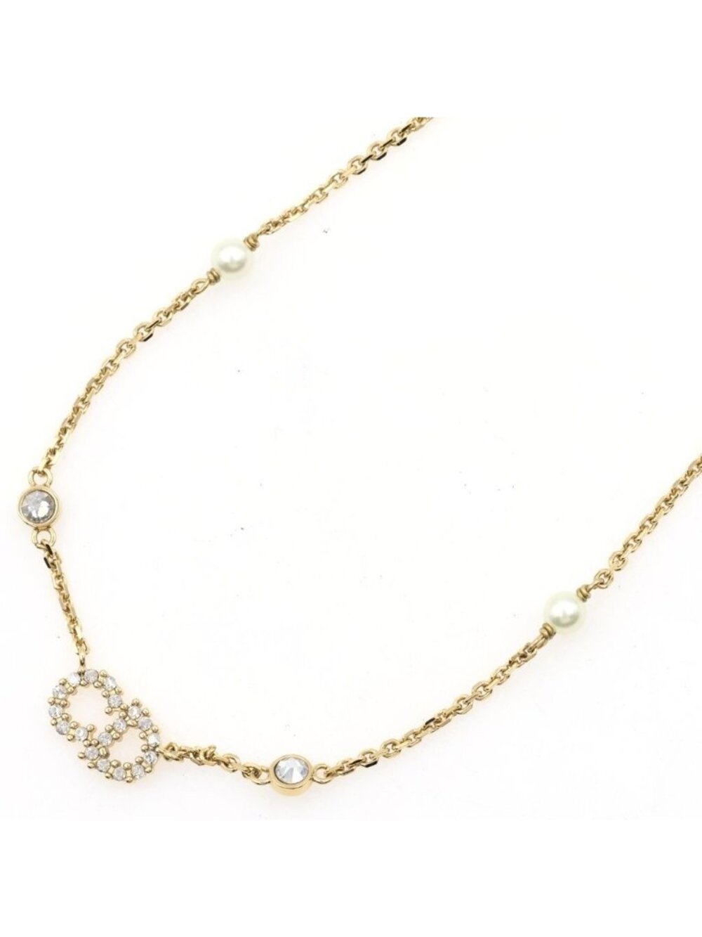 Dior Logo Rhinestone Pearl Necklace Gold